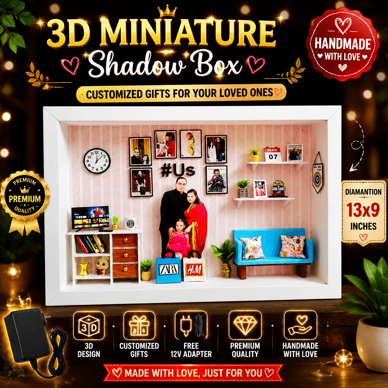 Miniature frame With led Lights – 3d Customised Living Room Photo frame Shadow box