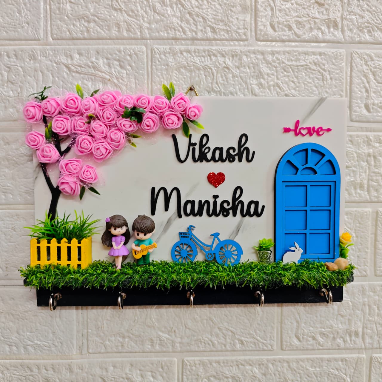 Miniature garden setup  Customized  Key holder Name plate -3d Anniversary, Wedding Gift