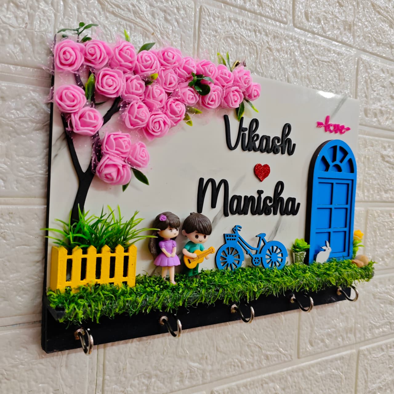 Miniature garden setup  Customized  Key holder Name plate -3d Anniversary, Wedding Gift
