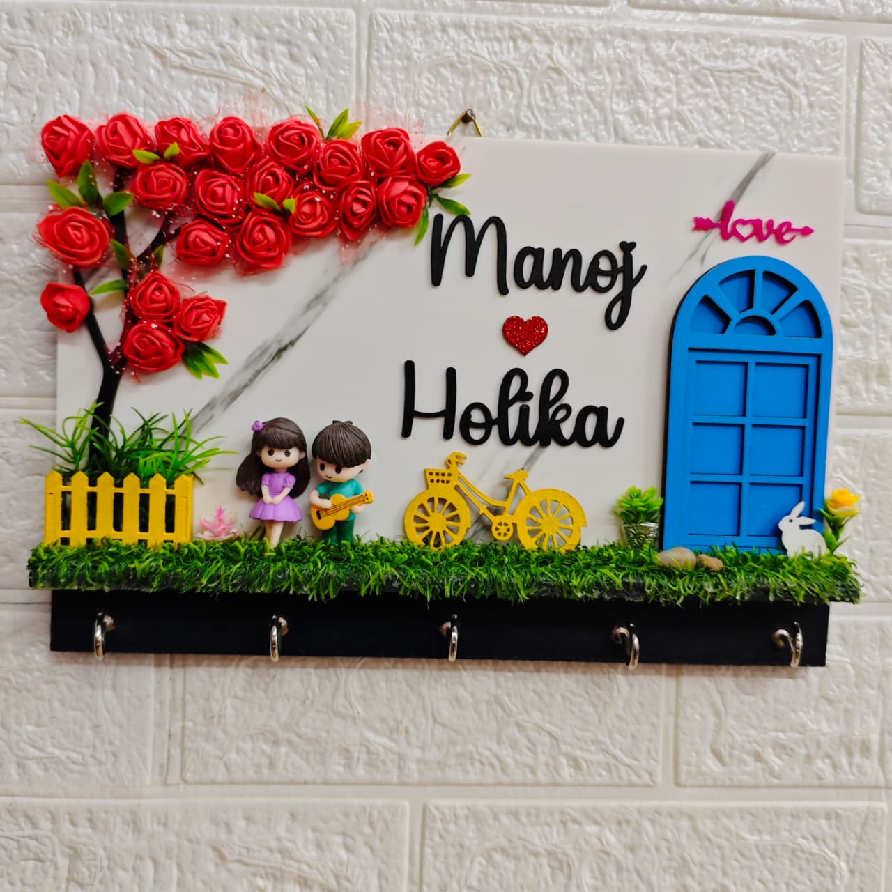 Miniature garden setup  Customized  Key holder Name plate -3d Anniversary, Wedding Gift Red