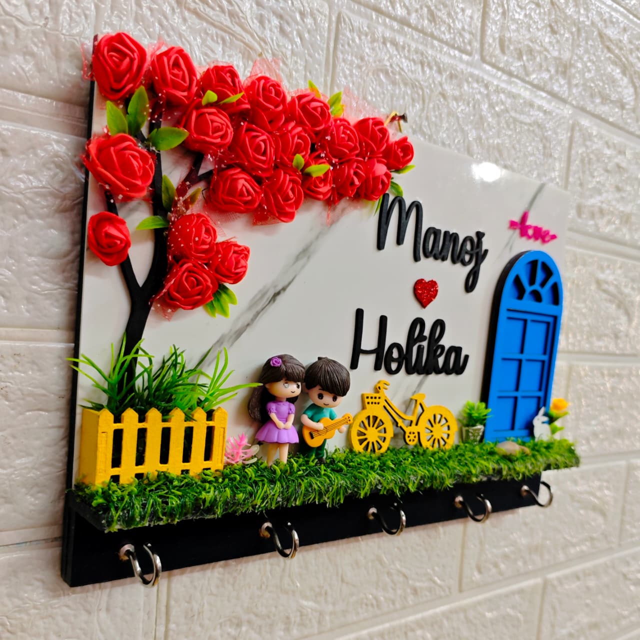 Miniature garden setup  Customized  Key holder Name plate -3d Anniversary, Wedding Gift Red