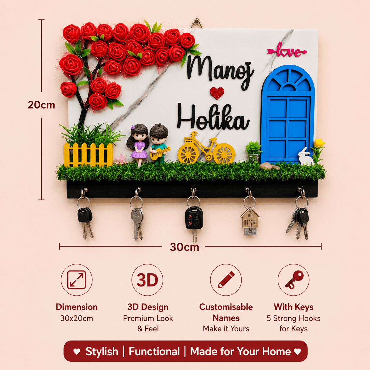3d Miniature Frame Customized Key holder Name plate -3d Anniversary, Wedding Gift Red