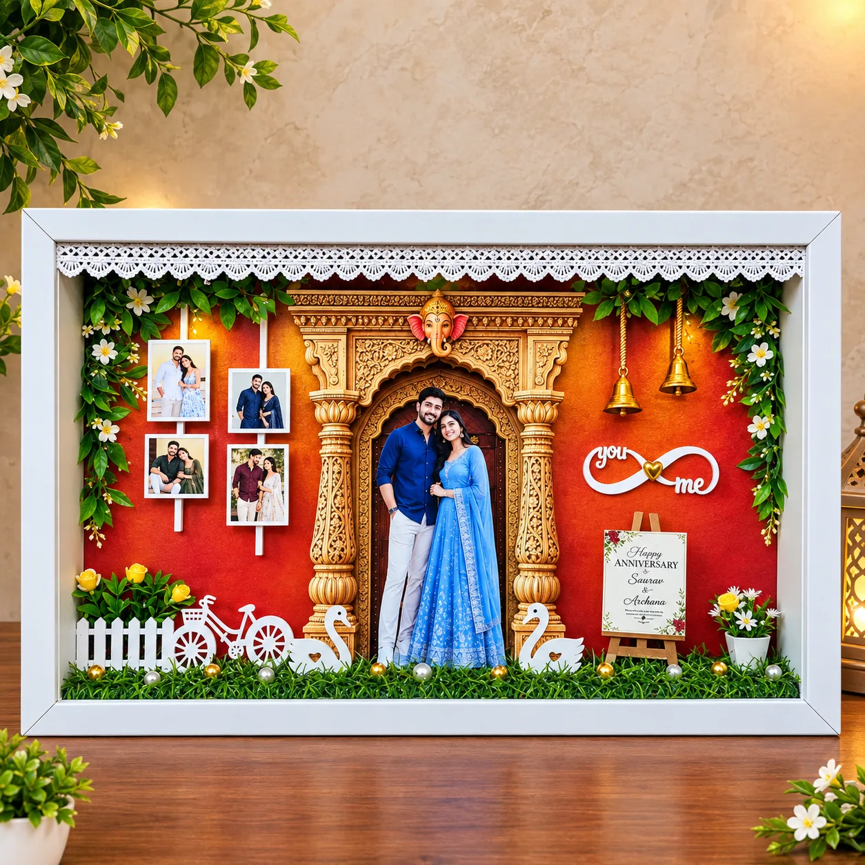 3D Miniature Anniversary & Wedding Photo Frame Shadow Box with LED Light | 43×25 cm