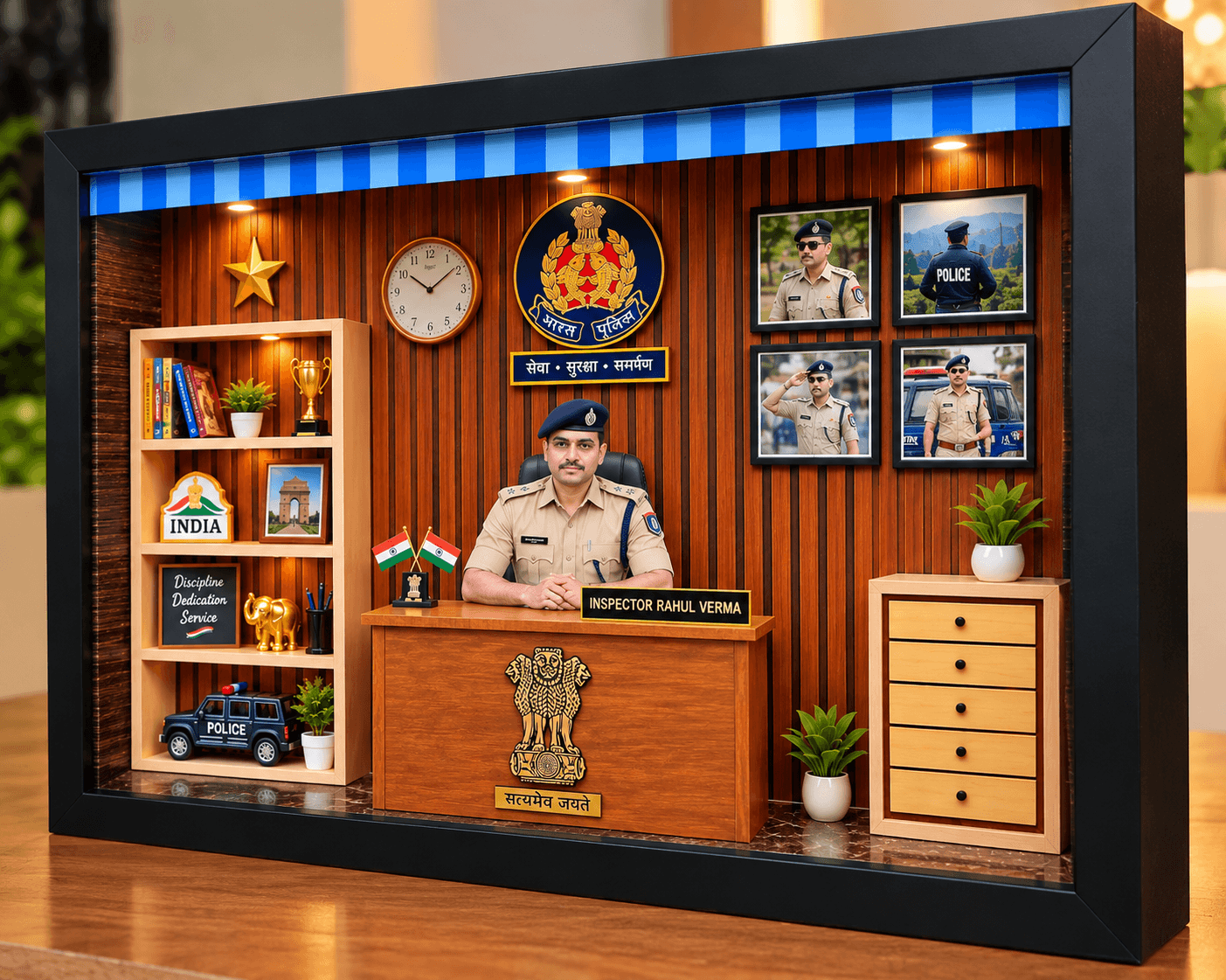 3D Miniature Police Officer Photo Frame Shadow Box with LED Light